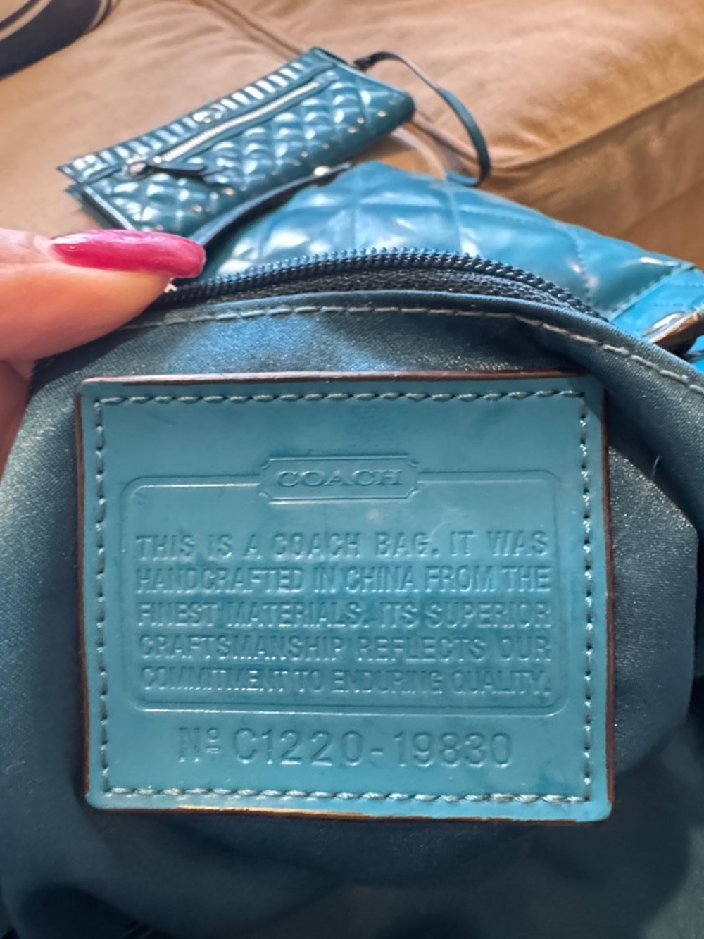 Coach Quilted Patent Leather Shoulder Tote in Teal Blue - Picture 3 of 4